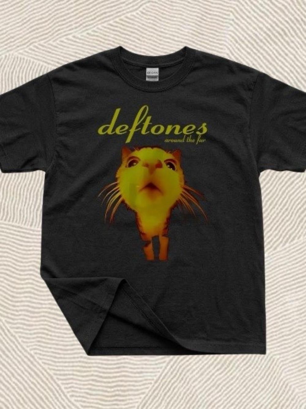 Gildan Black Tee with Yellow Cat Deftones Graphic